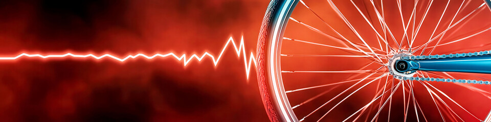 Abstract bike wheel spinning, with a heartbeat line running through the center, symbolizing cycling as a way of life