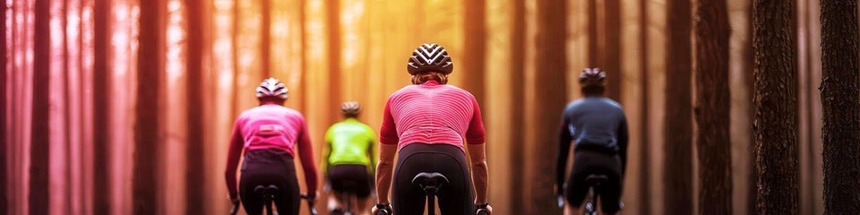 Group of cyclists riding through a forest trail, heartbeat lines in the background, symbolizing group fitness and cycling passion