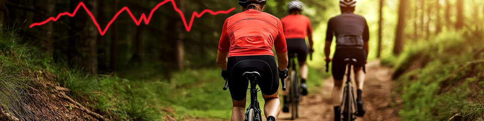 Group of cyclists riding through a forest trail, heartbeat lines in the background, symbolizing group fitness and cycling passion