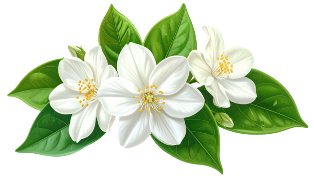 Trio of white jasmine flowers, with green leaves