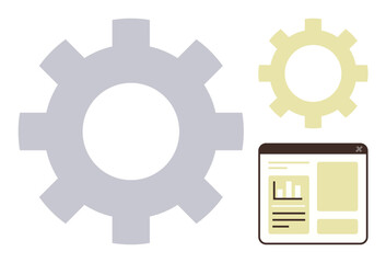 Two interlocking gears and a software dashboard display signify system processes, automation, and user interface. Ideal for teamwork, operations, efficiency, productivity, innovation