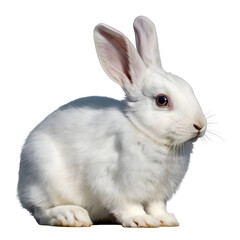 Fototapeta premium Cute fluffy white rabbit sitting and looking forward, isolated on transparent background