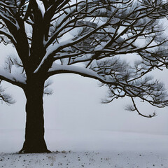 winter snowy tree in field. AI generated