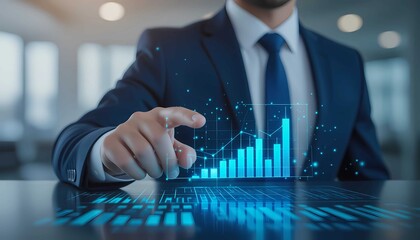 Businessman in suit touching virtual hologram interface showing financial chart data analysis in modern office