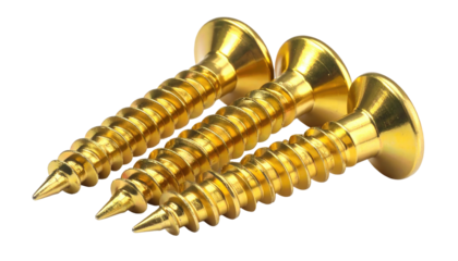 Three gold screws in close-up, sharply threaded, over dark