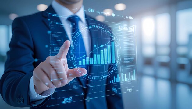Corporate analyst presses virtual data screen with bar chart for investment, stock, and business performance - Powered by Adobe