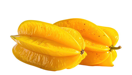 Two ripe yellow star fruits, close-up against a black background