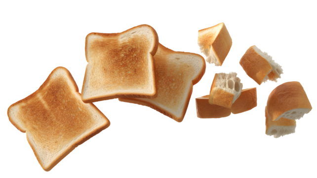 Several slices of golden brown toast, some whole and some broken into pieces, isolated on transparent background