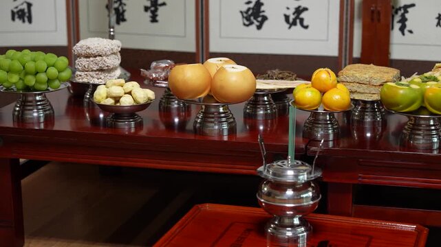 Traditional Chuseok Ancestral Rite Table (Charye) in South Korea