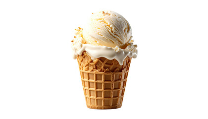 Vanilla ice cream in a waffle cone, partially melted