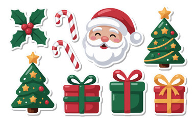 Joyful Christmas elements including Santa, decorated trees, gifts, candy canes, and holly sprigs create festive holiday cheer