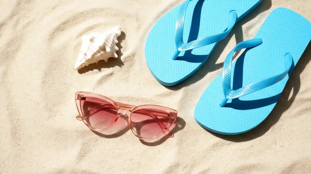 A pair of bright blue flip-flops and stylish pink sunglasses are arranged on fine sand. A white seashell sits nearby, casting subtle shadows under dappled light.