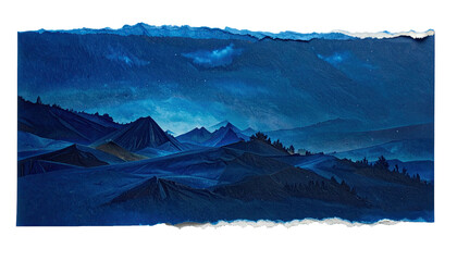 Night landscape, snowy hills and dark blue sky, ripped edges