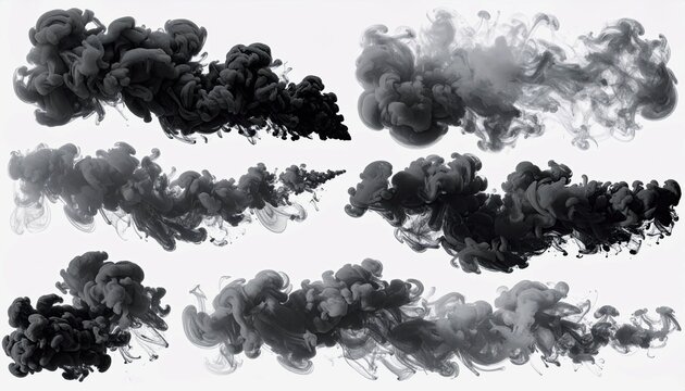 Multiple plumes of black ink swirl and diffuse in water, creating abstract, organic shapes against a white background.