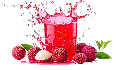 Lychee drink splashes in glass surrounded by fruit