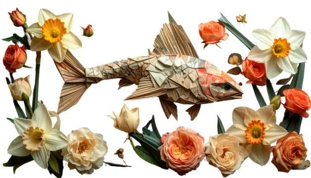 Origami fish surrounded by daffodil and rose blossoms
