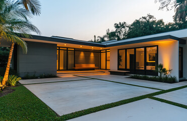 Sleek Modern Exterior Design of a Luxury Home with Warm Lighting, Palm Trees, and Contemporary Style – AI Generative Architecture, Minimalist Villa Facade