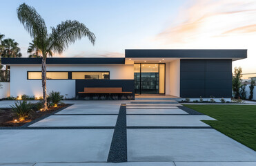 Modern Minimalist Exterior Design of a Luxury Home with Clean Lines, Large Windows, and Palm Trees – AI Generative Architecture, Sleek Contemporary Villa
