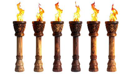 Six stylized torches with flames, wooden pedestals, isolated