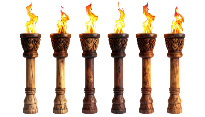 Six stylized torches with flames, wooden pedestals, isolated