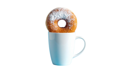 Powdered donut perched in white cup against black backdrop