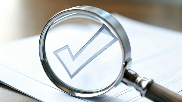 Magnifying glass with check mark icon concept. A magnifying glass focuses on a checkmark on a document. - Powered by Adobe