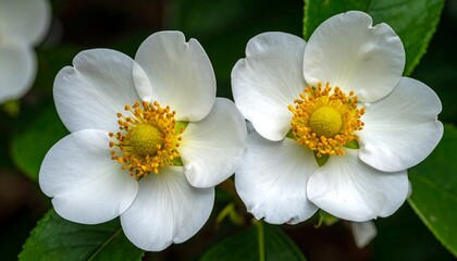 Close-up of two white flowers with bright yellow centers surrounded by green leaves, against a dark background