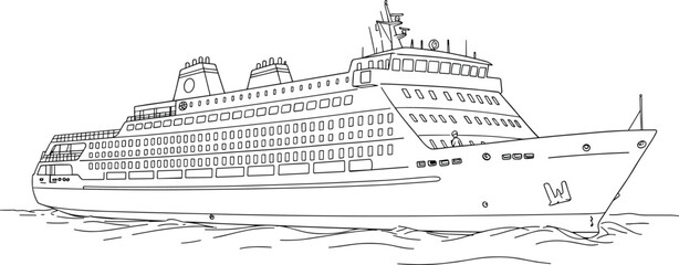 Large passenger cruise ship line art, detailed ferry boat outline, maritime transport drawing, ocean travel illustration, nautical vessel design, black white sketch