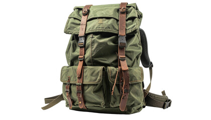 Olive green canvas backpack with brown leather straps against black