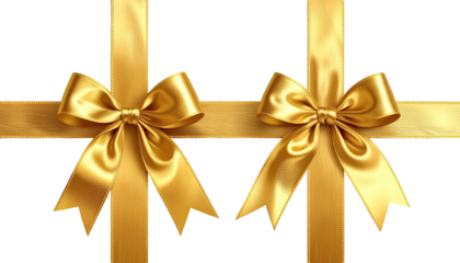 Two gold satin ribbon bows tied on crossing vertical and horizontal bands