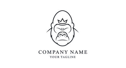 Majestic Gorilla Head with Crown Line Art Logo Design.