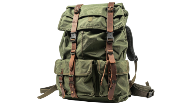 Olive green canvas backpack with brown leather straps against black