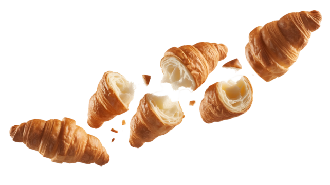 A broken croissant pastry, with flaky layers and a creamy filling, isolated on transparent background