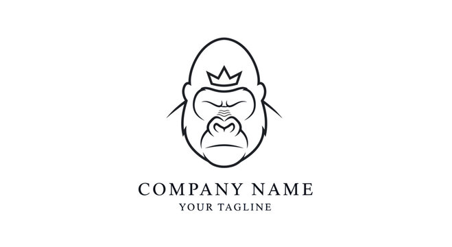 Majestic Gorilla Head with Crown Line Art Logo Design.