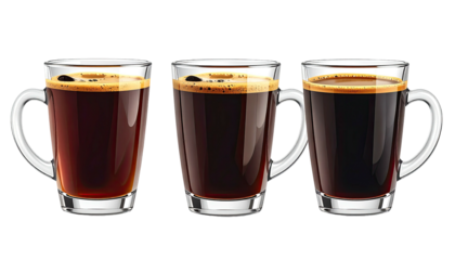 Three transparent mugs filled with dark, foamy coffee