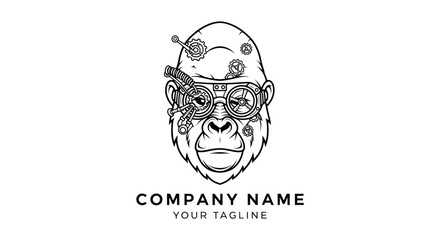 Steampunk gorilla head with mechanical gears and goggles logo.