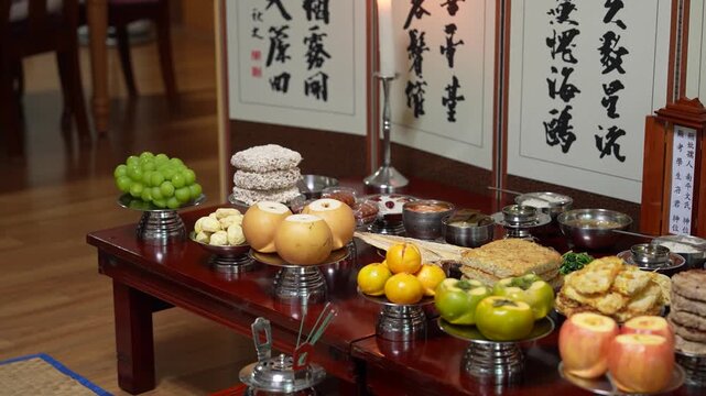 Traditional Chuseok Ancestral Rite Table (Charye) in South Korea