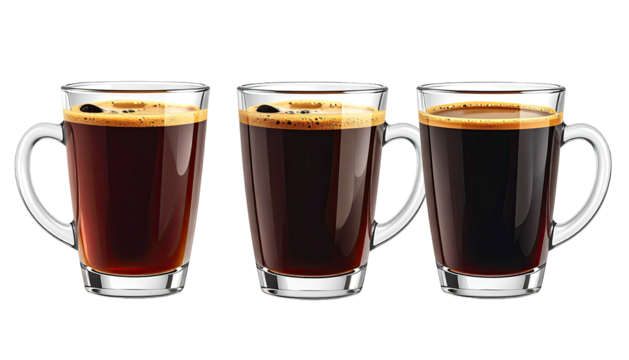 Three transparent mugs filled with dark, foamy coffee