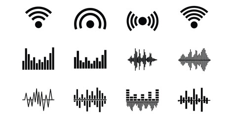Set of black and white vector icons representing wireless signal and sound wave patterns