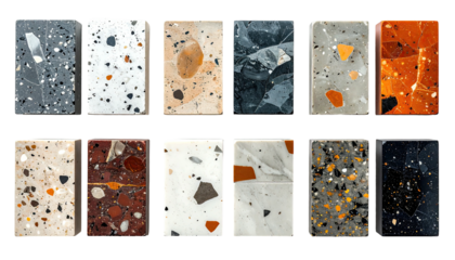 Varied terrazzo samples; different colors, stone chips, & backgrounds