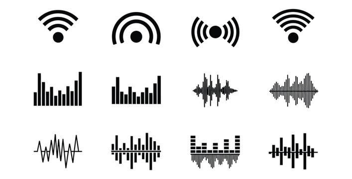 Set of black and white vector icons representing wireless signal and sound wave patterns
