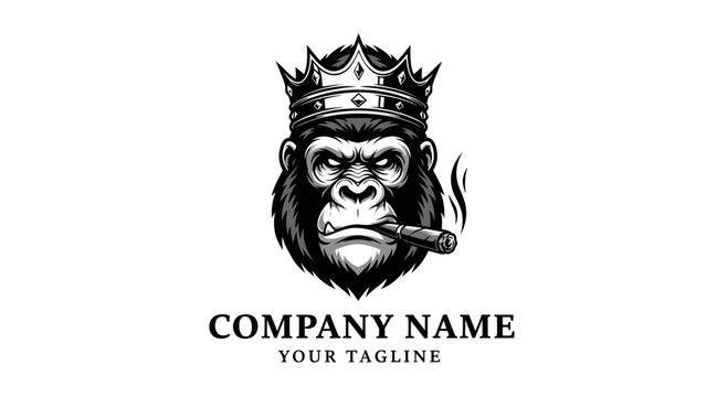 Powerful Gorilla King with Crown Smoking Cigar Logo Design.