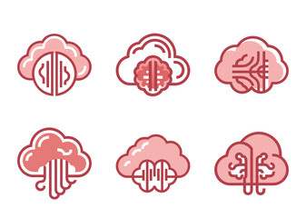 Six Cloud Computing Brain Logo Variations in Red for Technology Companies