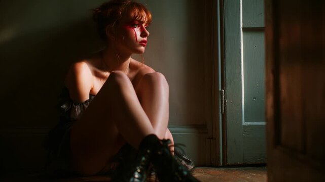 A striking portrayal of vulnerability and strength, capturing a moment of solitude and introspection enhanced by dramatic lighting and intense makeup, evoking deep emotions and storytelling.