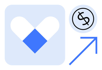 Pill forming heart, dollar icon, and upward arrow symbolize healthcare investment, financial growth, medical innovation, prosperity, pharmaceutical progress, cost efficiency, simple flat metaphor