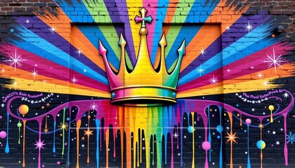 Colorful Crown Mural with Paint Drips Brick Wall