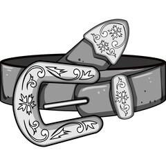 Western Style Belt Buckle with Intricate Floral Ornate Design on Gray Leather Belt Isolated on Transparent Background