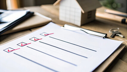 Effective home inspection checklist essential concept. Close-up of checklist on desk with house model and pen.