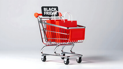 Minimal shopping cart holding red gift bags and Black Friday board symbolizing big holiday sales event