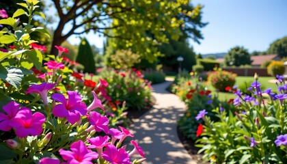 Fototapeta premium Sunlit Vibrant Garden with Colorful Flowers and Tree Canopy
